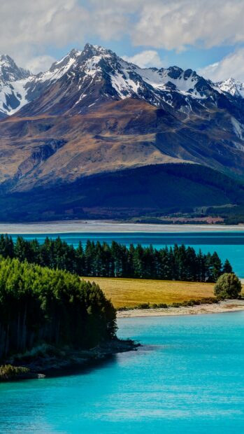 Snow capped mountain in New Zealand landscape with turquoise lake and forest view