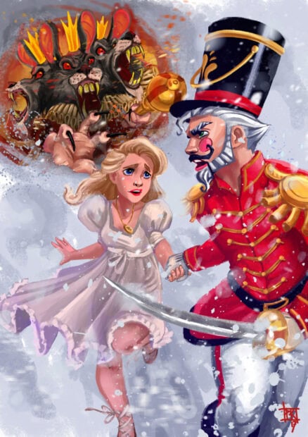 A nutcracker soldier holding a girl’s hand while facing a three headed rat king in a snowy scene