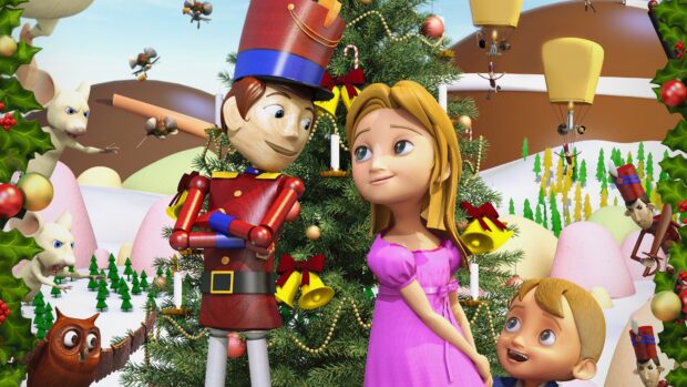 A wooden nutcracker soldier and children smiling near a decorated Christmas tree in a festive scene