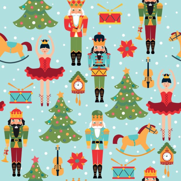 Colorful nutcracker figures and ballerinas with Christmas trees on a bright blue background