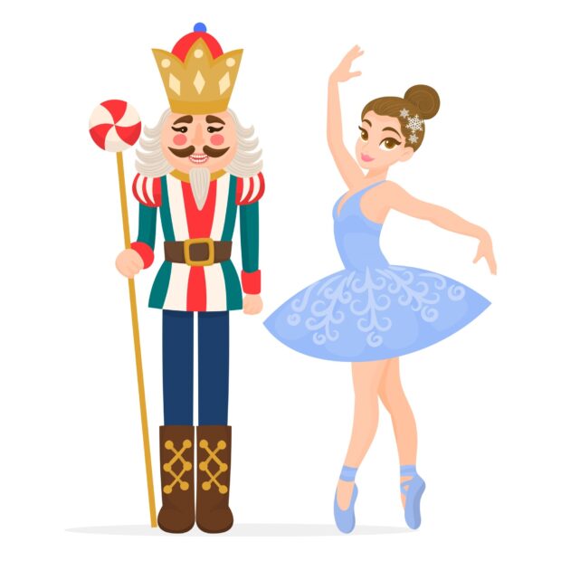 A nutcracker figure standing next to a ballerina in a blue dress performing a dance pose