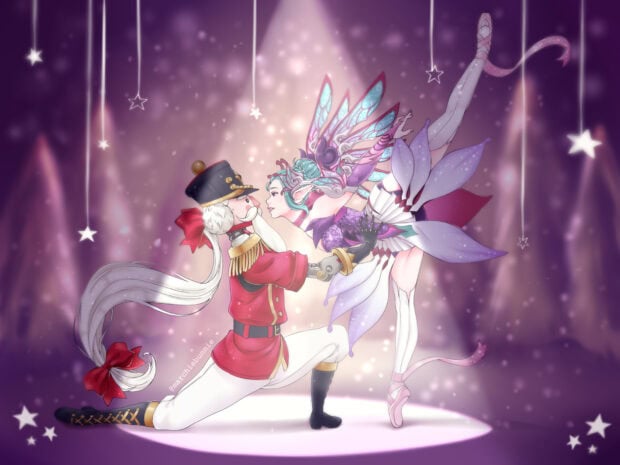 A nutcracker soldier kneeling and holding a ballerina fairy in a glowing purple stage setting