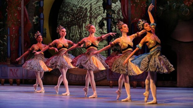 Ballet dancers performing a classic nutcracker ballet scene on stage in elegant costumes