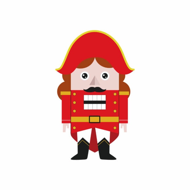 A cartoon nutcracker wearing a red coat and hat with a black mustache standing on a white background