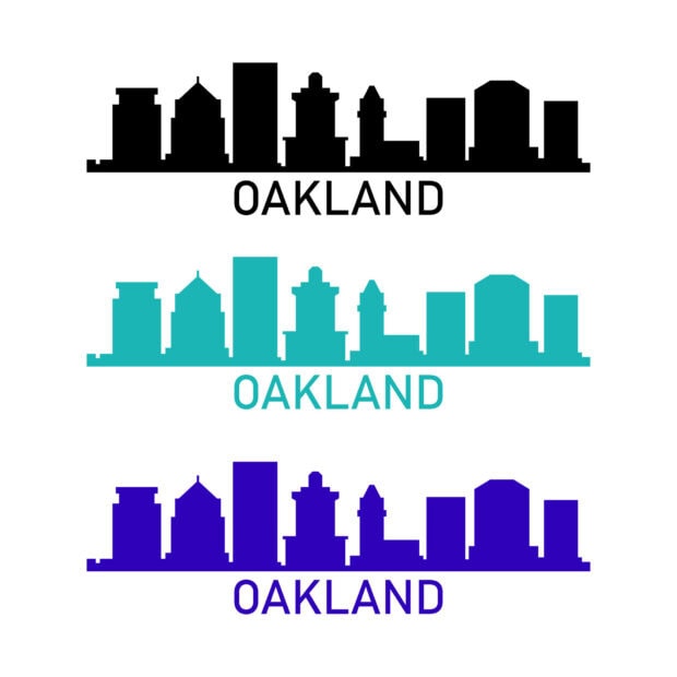 The skyline of Oakland featuring various buildings in silhouette style