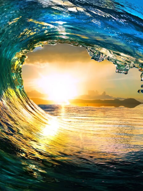 A vibrant ocean landscape with a rolling wave capturing the sunset light through the water