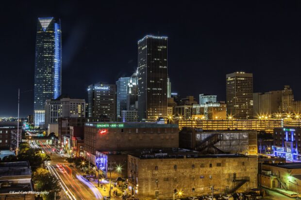 Oklahoma City skyline view with illuminated buildings at night in high definition