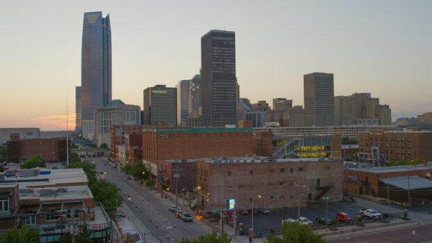 Oklahoma City skyline with modern high rise buildings during sunset in HD quality