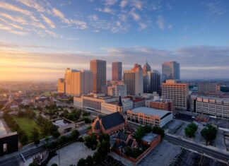 Oklahoma City skyline with tall buildings and a colorful sunrise in HD quality
