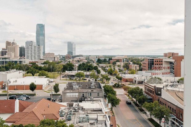 Oklahoma City skyline with tall buildings and urban streets in clear daylight