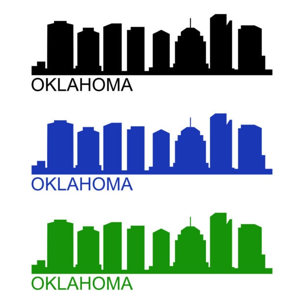 Black silhouette of Oklahoma City skyline with various building shapes in high definition