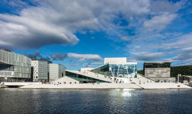 Modern architecture in Oslo with waterfront and blue sky in Oslo