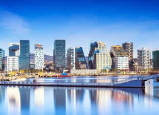 Modern Oslo skyline with skyscrapers reflecting on calm water under blue sky