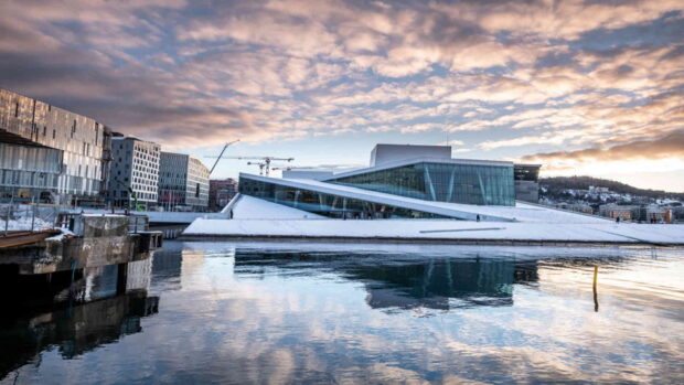 Oslo Wallpapers HD Desktop Modern architecture in Oslo with water reflection and cloudy sky at dusk