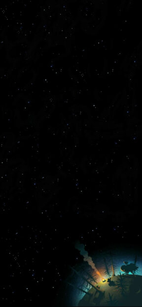 A small campfire on a forested planet in Outer Wilds glowing under a starry night sky