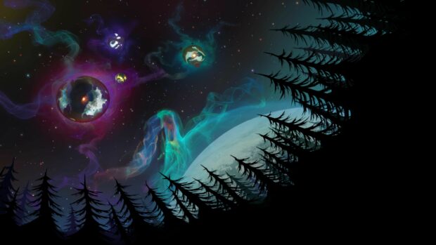 Outer Wilds planets with colorful nebulae rise above dark forest silhouettes in space