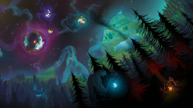 A mysterious creature holding a lantern in Outer Wilds forests under distant planets in space