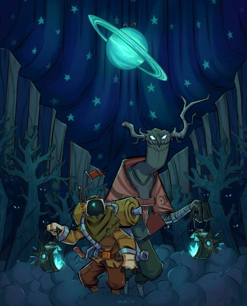 A mysterious figure and a robotic companion with lanterns explore a forest under a starry sky in Outer Wilds