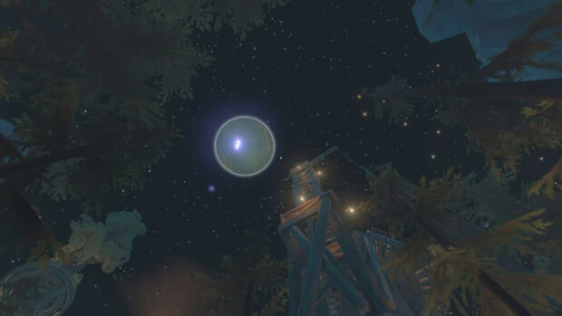 A night sky view of a celestial planet and a wooden structure in Outer Wilds