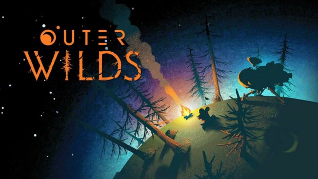 A scene from Outer Wilds featuring a campfire and spaceship on a small planet under a starry sky