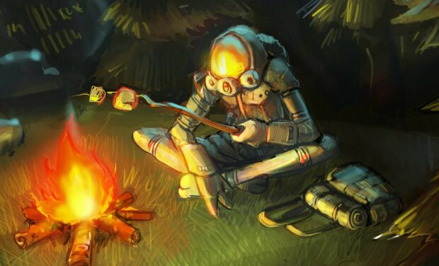 A space explorer from Outer Wilds roasts marshmallows by a campfire at night