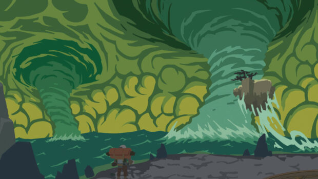 A traveler in a spacesuit explores a mysterious green alien landscape in Outer Wilds