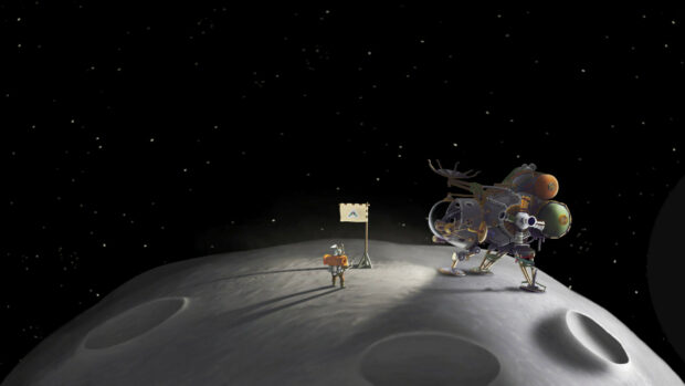 An astronaut from Outer Wilds explores a moon surface near a spacecraft and flag