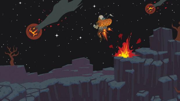 Astronaut exploring Outer Wilds landscape with meteors in the sky and rocky cliffs