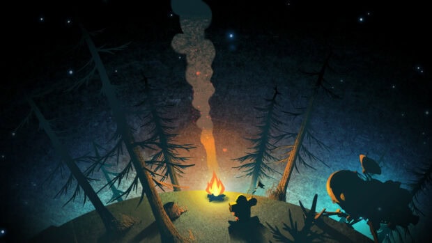 Outer Wilds astronaut sitting by the campfire in the forest under the starry sky