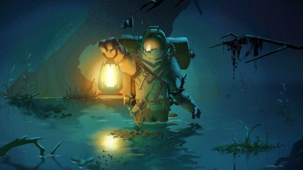 Outer Wilds character exploring a dark swamp holding a glowing lantern
