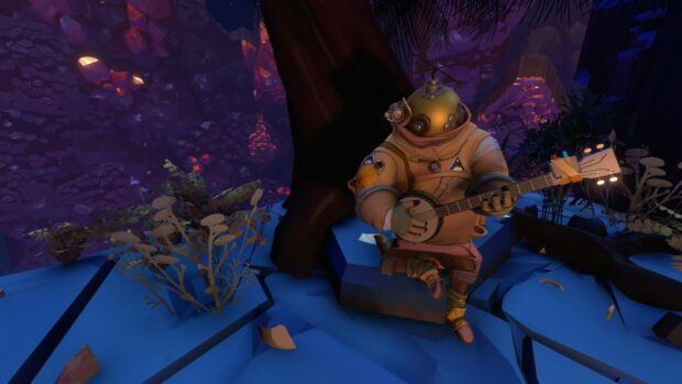 Outer Wilds character playing a banjo in a colorful cave scene with rocky walls and plants