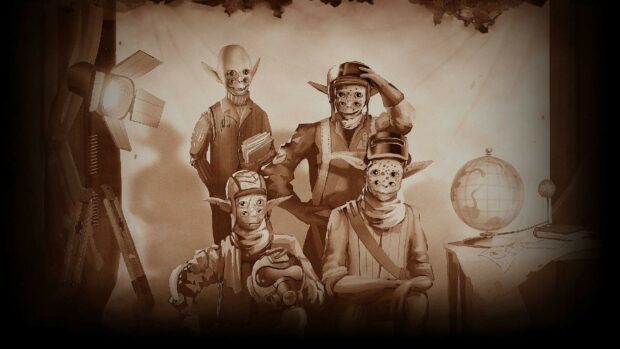 Sepia tone outer wilds characters posing in a studio setting with scientific equipment on a table