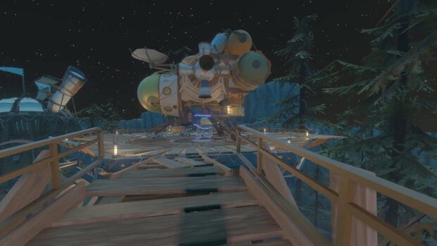 A detailed outer wilds spaceship landing platform under a starry night sky