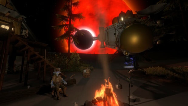 A character sitting by a campfire near a spaceship watching an eclipse in Outer Wilds