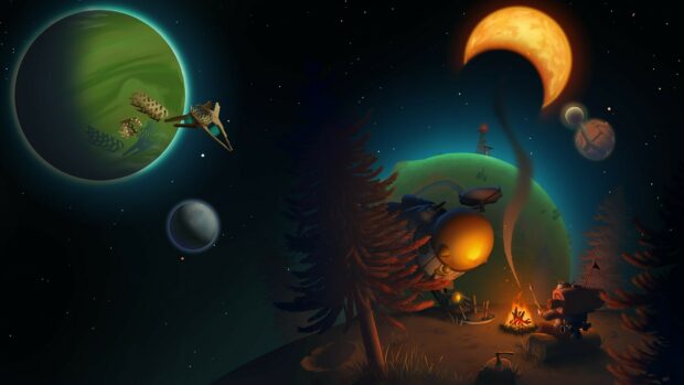 A green planet with a spacecraft and an astronaut sitting by a campfire in Outer Wilds