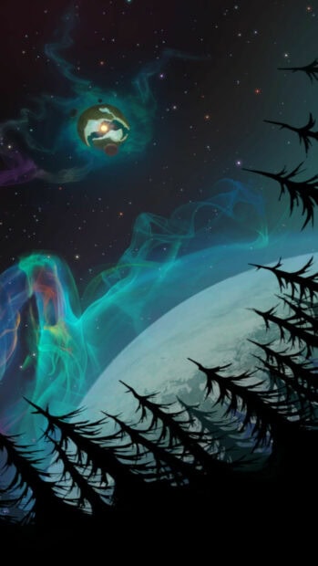 Dark silhouette of trees with outer wilds nebula visible in starry sky above