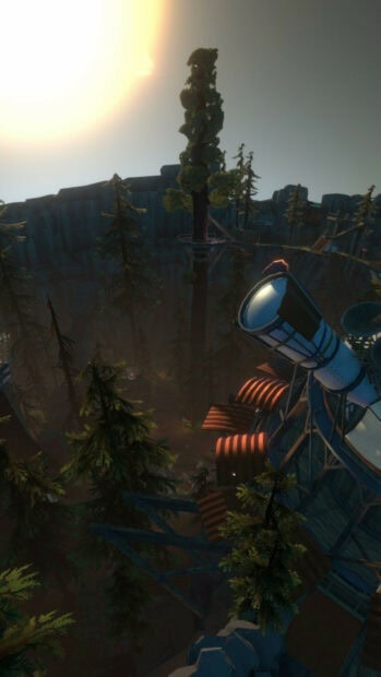 A tall tree tower surrounded by dense forest and a large telescope in Outer Wilds