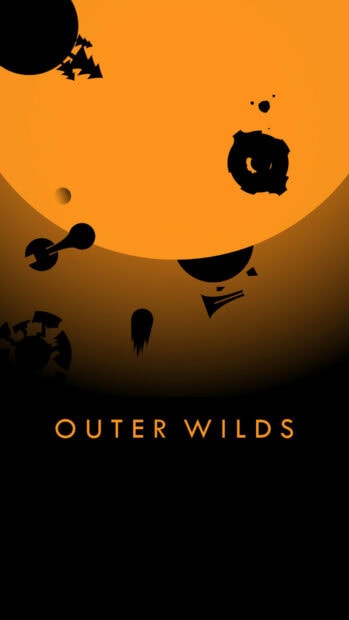 Outer Wilds game logo with stylized planets and celestial objects on an orange background