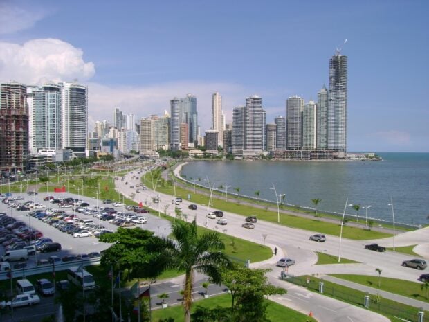 Modern Panama City skyline with tall buildings and waterfront view