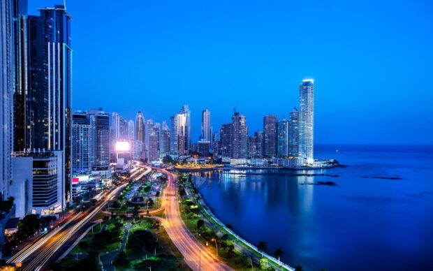 Stunning Panama City skyline with illuminated skyscrapers at dusk