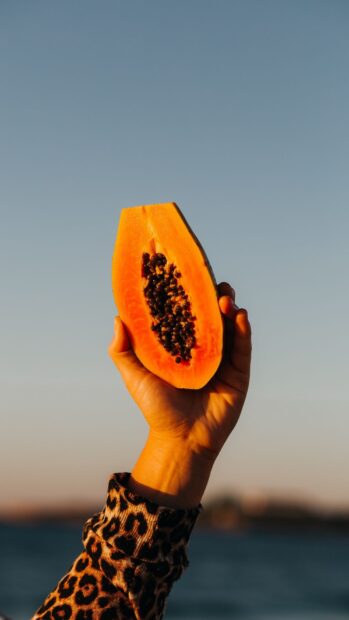 A hand holding a fresh papaya fruit against a clear blue sky