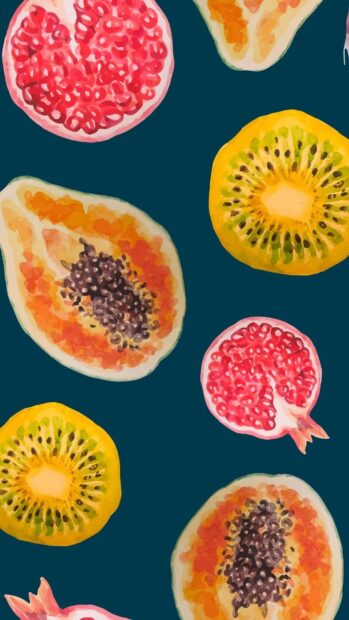 A digital painting of papaya surrounded by kiwi and pomegranate fruits on a dark background