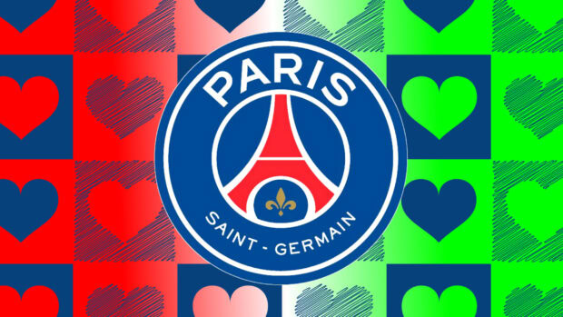 The Paris Saint Germain emblem in red and blue surrounded by a colorful heart pattern