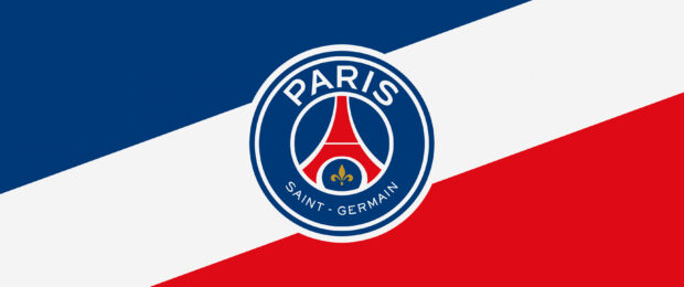 The Paris Saint Germain logo centered on a blue white and red diagonal striped background