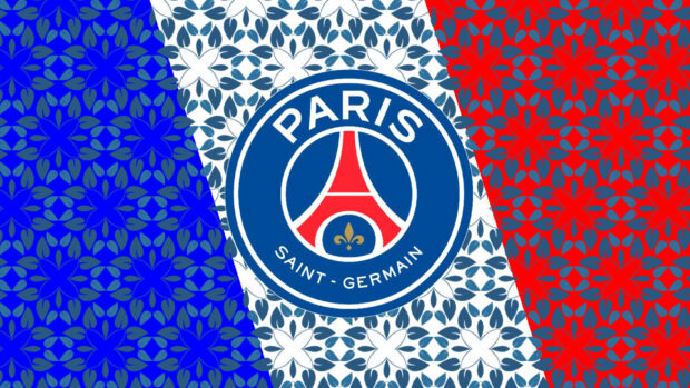 Paris Saint Germain logo with blue red and white floral pattern background in French flag colors