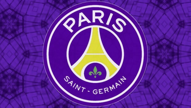 The Paris Saint Germain emblem displayed on a purple patterned background