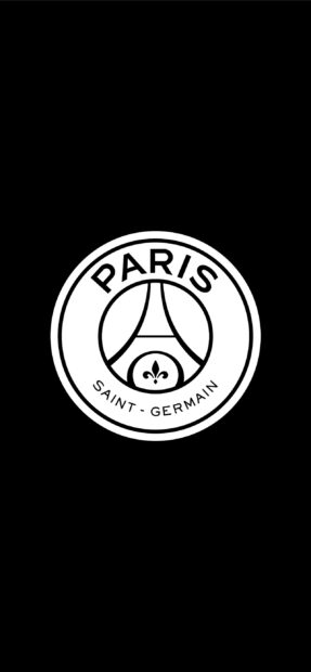 The Paris Saint Germain logo is displayed in black and white on a dark background