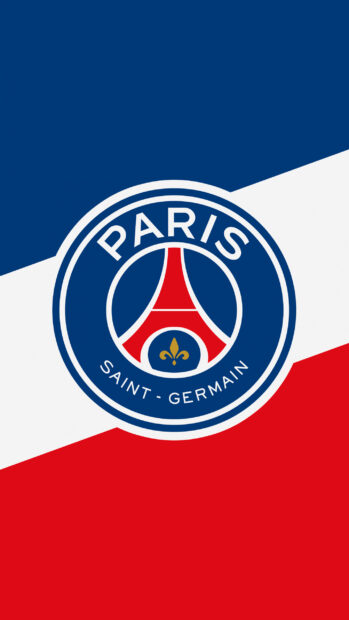The Paris Saint Germain logo is displayed on a background with blue white and red stripes