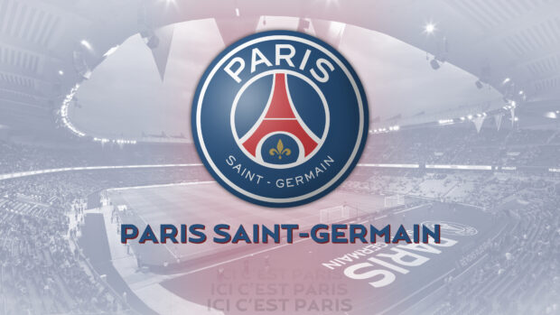 The Paris Saint Germain emblem is displayed over a stadium full of fans in the background