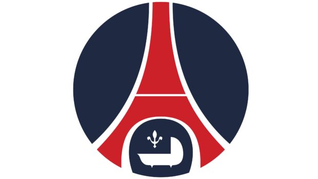 The Paris Saint Germain logo with a red Eiffel Tower and navy blue background